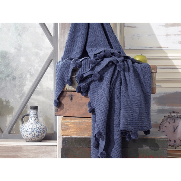 Pom Pom Knitted Double Blanket 220 x 240 cm - Dark Blue