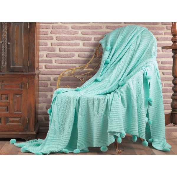 Pom Pom Knitted Double Blanket 220 x 240 cm - Mint