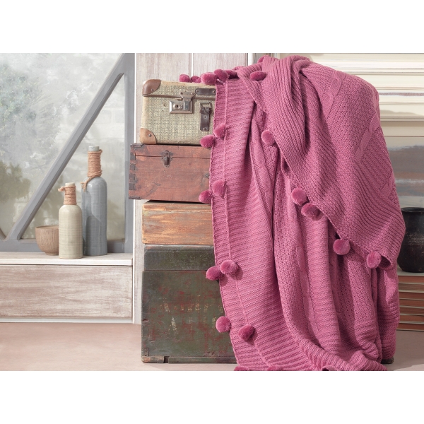 Pom Pom Knitted Double Blanket 220 x 240 cm - Dark Pink
