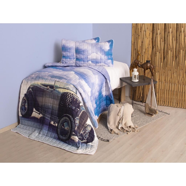 2 Pieces Decorative 3D Printed Heritage Car Single Bedspread 170 x 220 cm - Blue Cyan / White