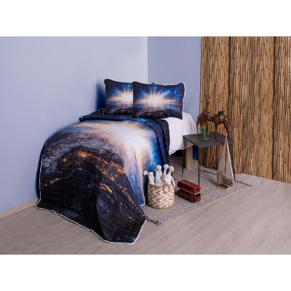 3 Pieces Decorative 3D Printed Outer Space Double Bedspread 240 x 260 cm - Yellow / Dark Blue