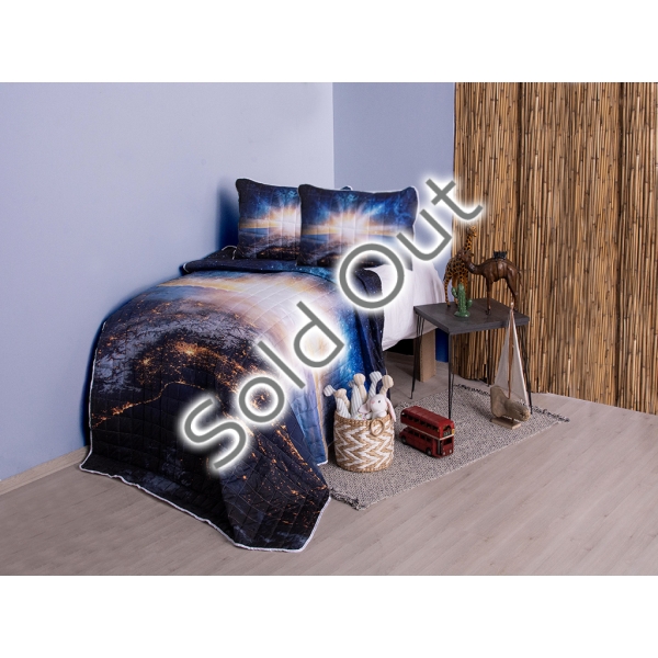 3 Pieces Decorative 3D Printed Outer Space Double Bedspread 240 x 260 cm - Yellow / Dark Blue