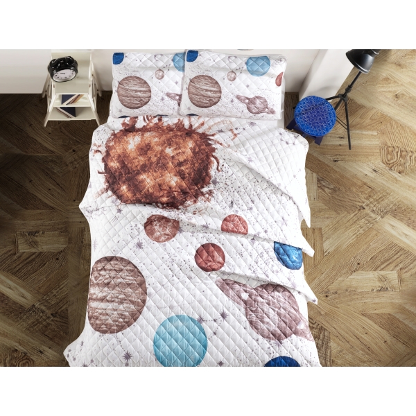 3 Pieces Decorative 3D Printed Planets Double Bedspread 240 x 275 cm - Brown / White
