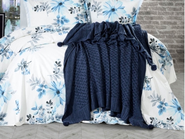 Polka Double Pompom Knitted Blanket 220 x 240 cm - Navy Blue / Indigo