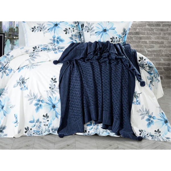 Polka Double Pompom Knitted Blanket 220 x 240 cm - Navy Blue / Indigo