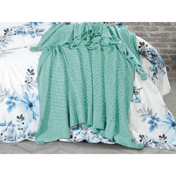Polka Double Pompom Knitted Blanket 220 x 240 cm - Aqua Green / White