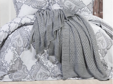 Polka Double Pompom Knitted Blanket 220 x 240 cm - Dark Grey / Grey