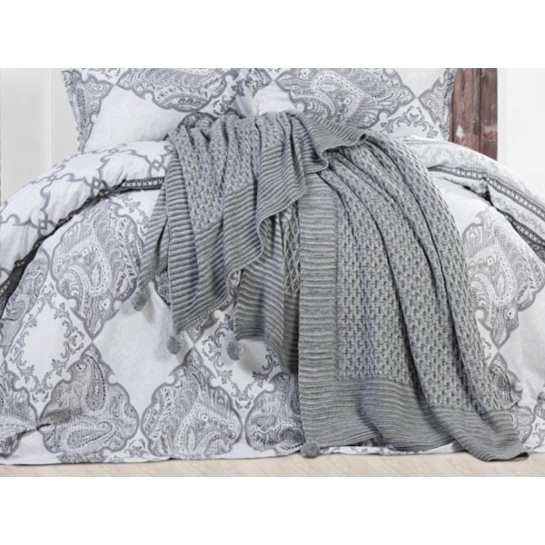 Polka Double Pompom Knitted Blanket 220 x 240 cm - Dark Grey / Grey