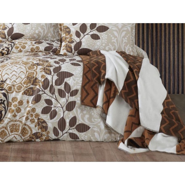 Zigzag Double Blanket 180 x 220 cm - Off White / Brown / Dark Orange