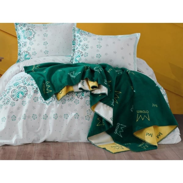 Crown Double Blanket 180 x 220 cm - Green / Yellow / Off White