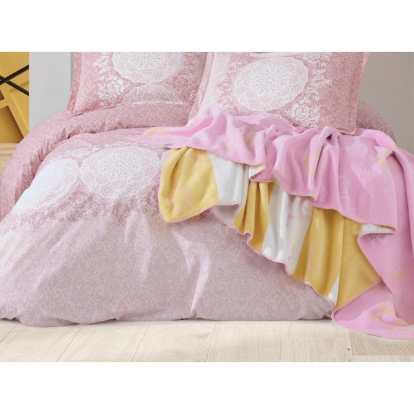 Queen Double Blanket 180 x 220 cm - Pink / Yellow / Off White
