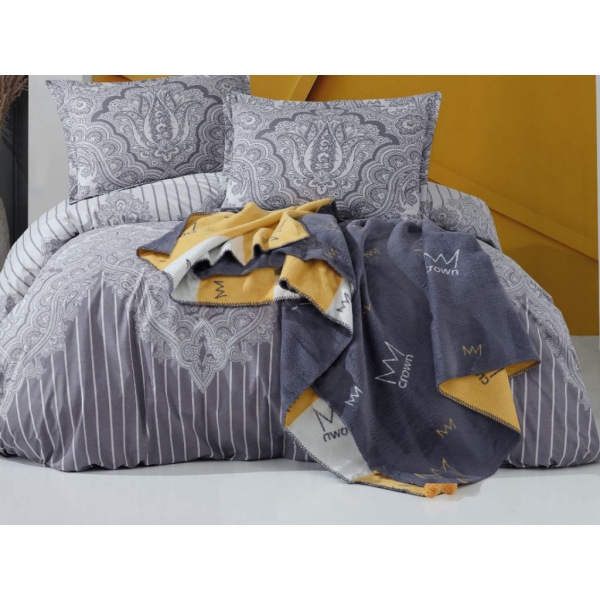 Crown Double Blanket 180 x 220 cm - Dark Grey / Yellow / Off White