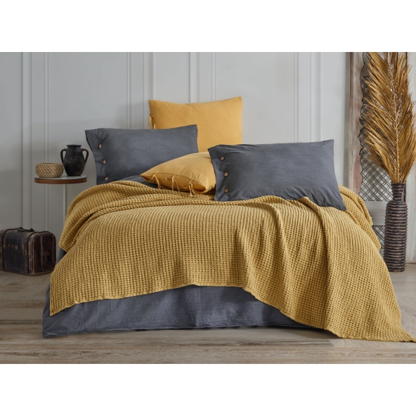 1 Piece Washed Waffle Double Bedspread 220 x 230 cm - Yellow