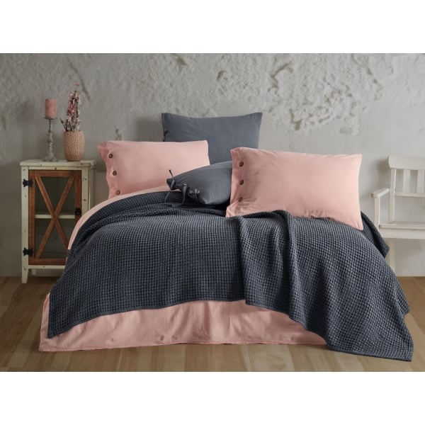 1 Piece Washed Waffle Double Bedspread 220 x 230 cm - Anthracite