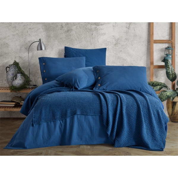 1 Piece Washed Waffle Double Bedspread 220 x 230 cm - Navy Blue