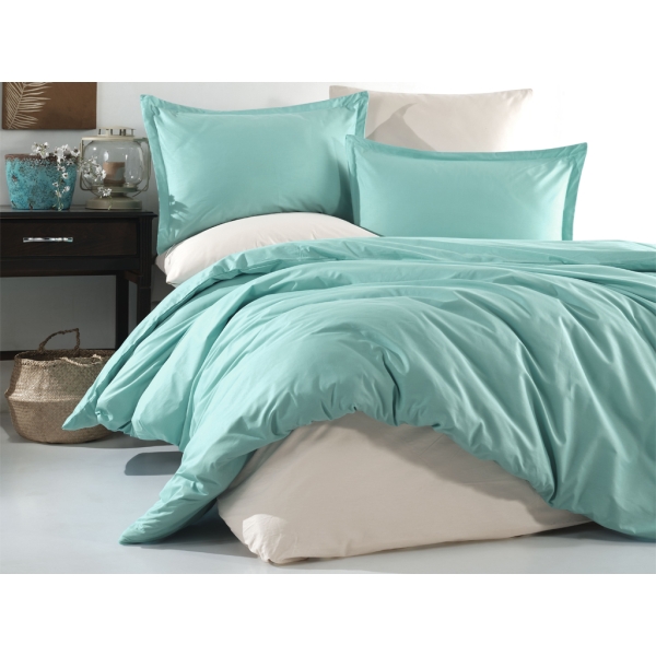 6 Pieces Plain Cotton Double Duvet Cover Set 200 x 220 cm - Turquoise / Cream