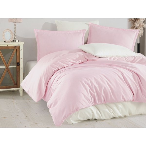 6 Pieces Plain Cotton Double Duvet Cover Set 200 x 220 cm - Pink / Off White