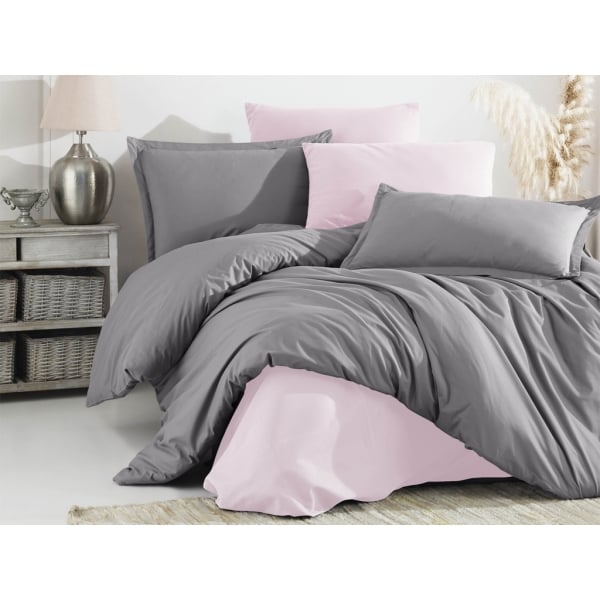 6 Pieces Plain Cotton Double Duvet Cover Set 200 x 220 cm - Dark Grey / Pink