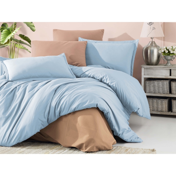 6 Pieces Plain Cotton Double Duvet Cover Set 200 x 220 cm - Blue / Light Brown