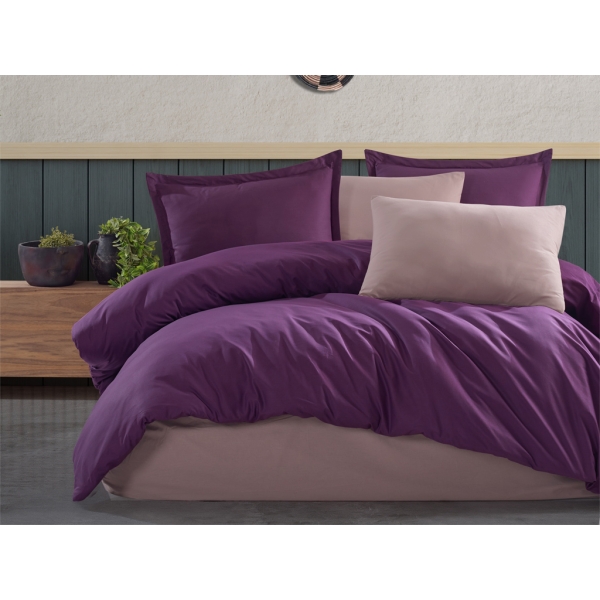 6 Pieces Plain Cotton Double Duvet Cover Set 200 x 220 cm - Plum / Light Brown