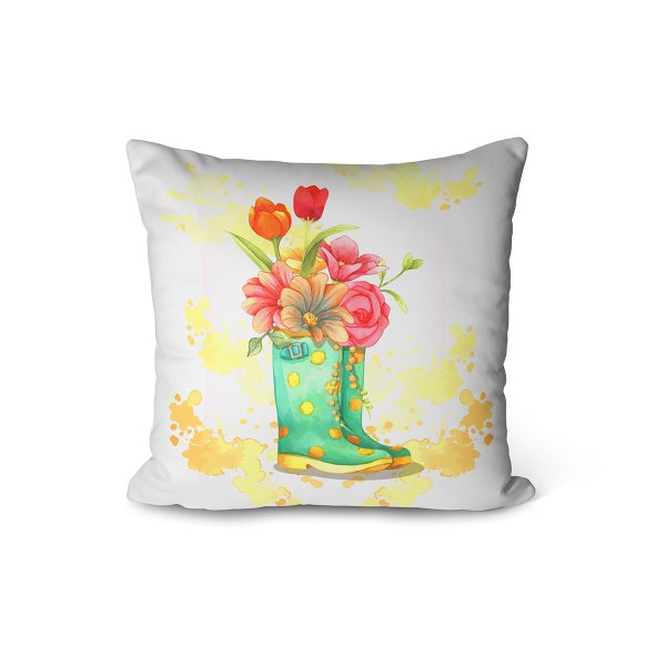 Cover Cushion Printed Flower Boot 43 x 43 Cm - Yellow / Green / Light Red / White