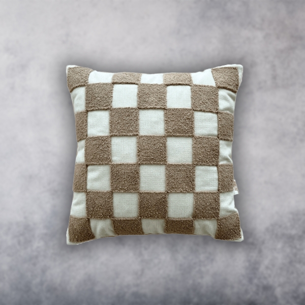 Camel Checkered Punch Decorative Cushion With Filling 43 x 43 cm - Beige / Brown