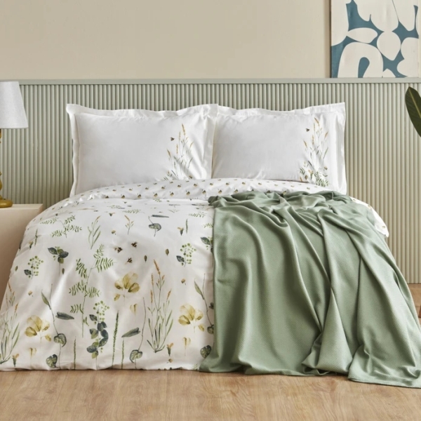 5 Pieces Herbal 200 x 220 cm Double Duvet Cover Set With Pique - White / Green