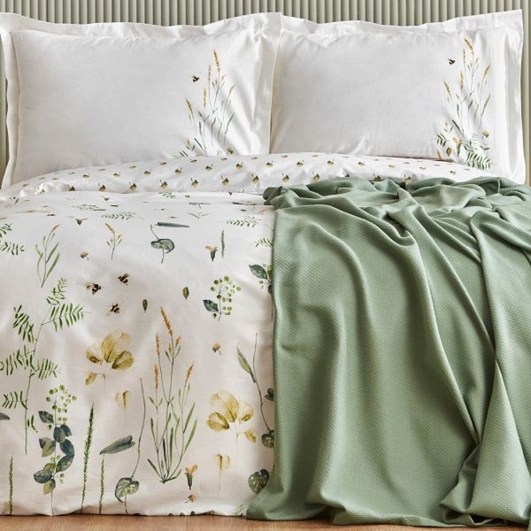 5 Pieces Herbal 200 x 220 cm Double Duvet Cover Set With Pique - White / Green