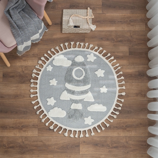 Katy Space Rocket 100 x 100 cm Round Zymta Winter Carpet - Cream / Grey
