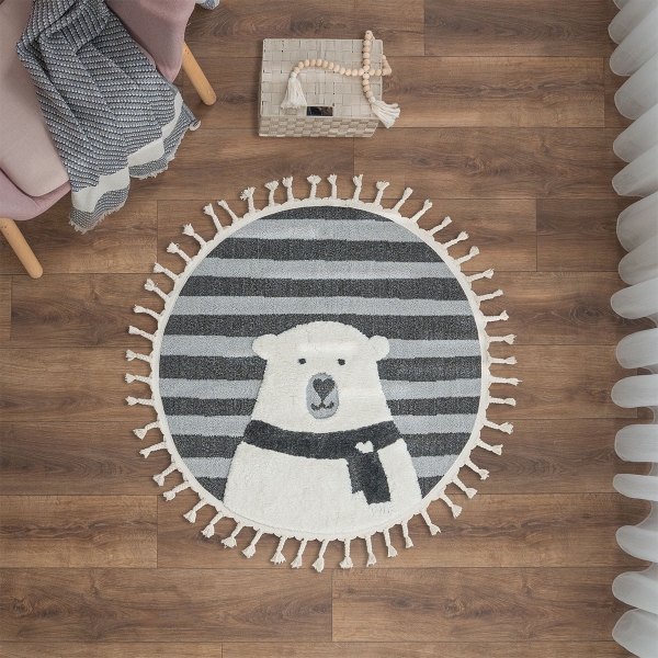 Katy Bear 100 x 100 cm Round Zymta Winter Carpet - Anthracite / Grey