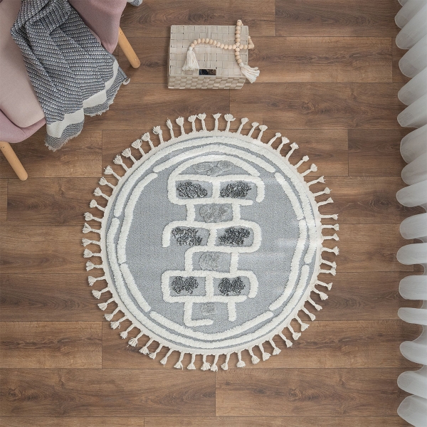 Katy Hopscotch 100 x 100 cm Round Zymta Winter Carpet - Cream / Grey