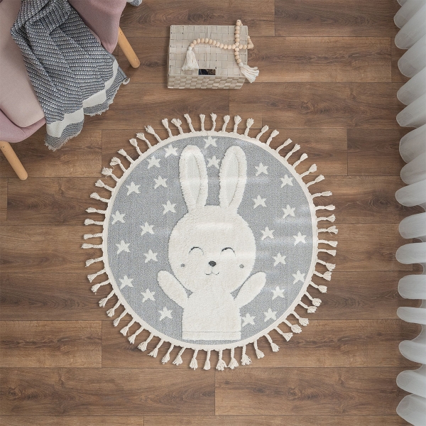 Katy Rabbit 100 x 100 cm Round Zymta Winter Carpet - Cream / Grey