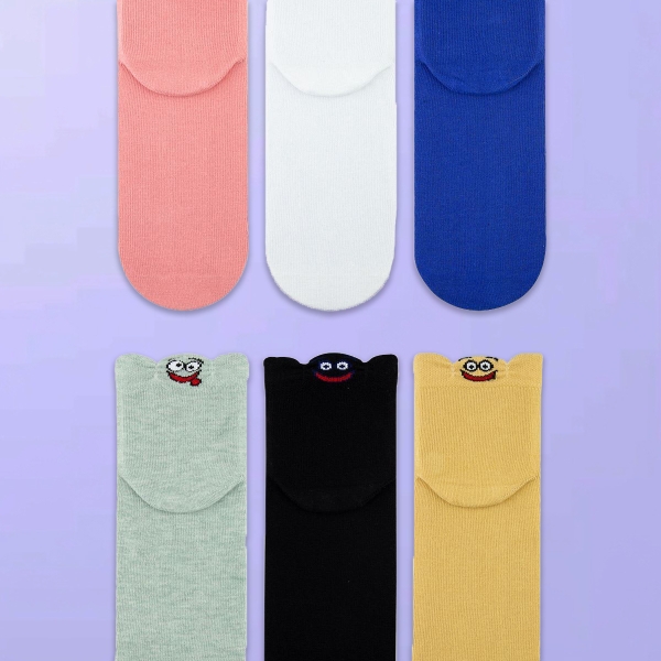 6 Pairs 3D Face Women's Socks Size: (36 - 40) - Multicolor