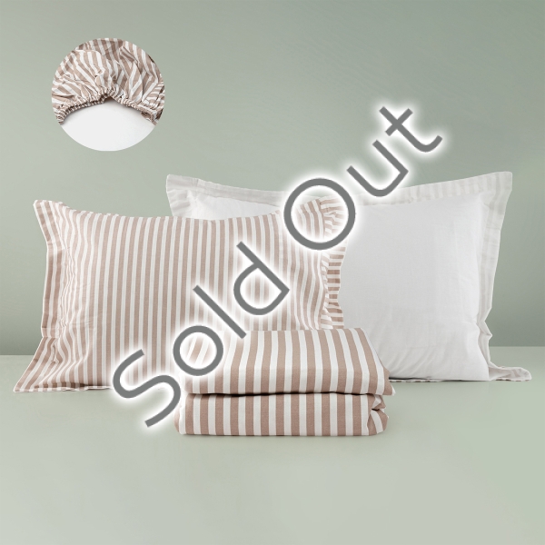 4 Pieces Longitude Cotton Double Duvet Cover Set 200 x 220 cm - Light Brown / Off White