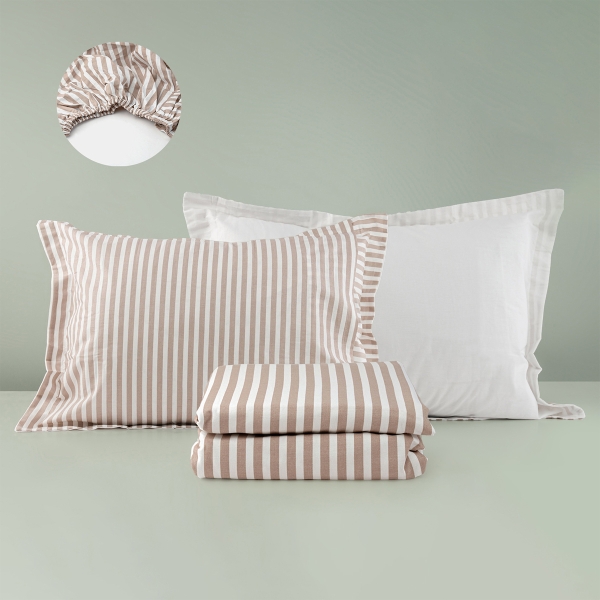 4 Pieces Longitude Cotton King Size Duvet Cover Set 220 x 240 cm - Light Brown / Off White