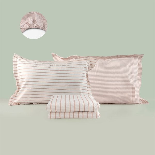 4 Pieces Longitude Cotton King Size Duvet Cover Set 220 x 240 cm - Light Brown / Off White