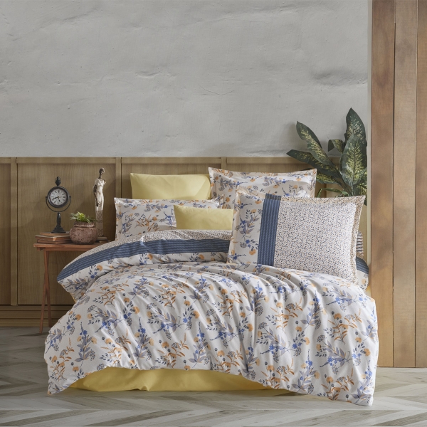 4 Pieces Bade Cotton Double Duvet Cover Set 200 x 220 cm - Yellow / Ecru / Indigo
