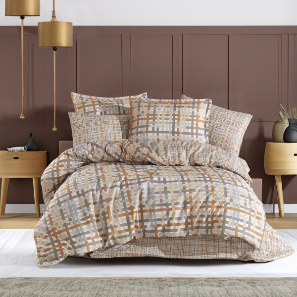 3 Pieces Eliz Cotton Single Duvet Cover Set 160 x 220 cm - Beige / Burnt Orange / Green / White