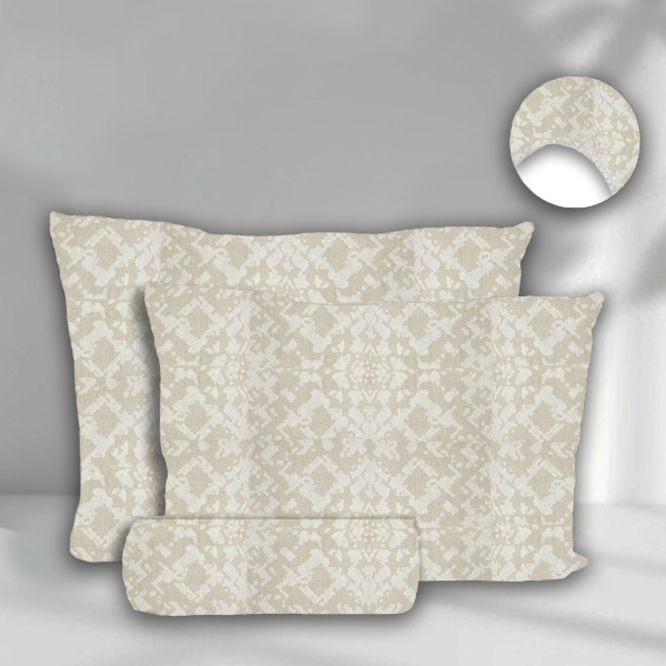 3 Pieces Printed Cotton Ranforce Double Fitted Sheet Set 180 x 200 + 30 cm - Beige / White