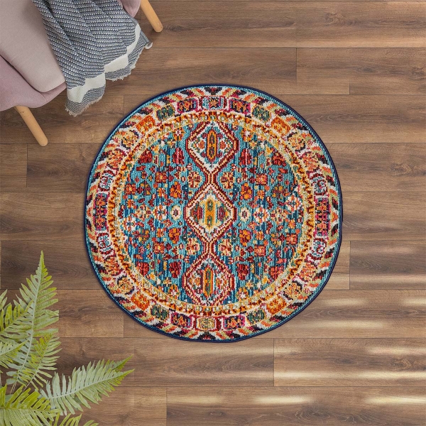 Art Geometric Garden 100 x 100 cm Round Zymta Winter Carpet - Orange / Fuchsia / Turquoise / Green