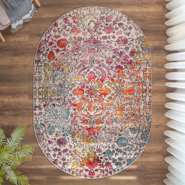 Art Color Carousel 160 x 230 cm Oval Zymta Winter Carpet - Pink / Blue / Ecru / Salmon