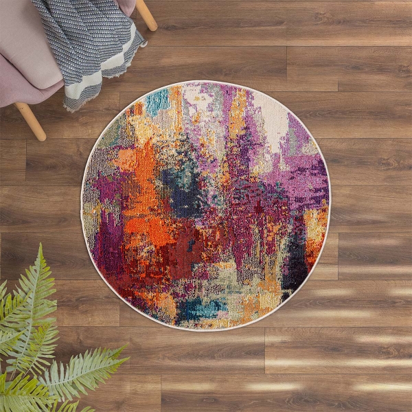 Art Artful Area 100 x 100 cm Round Zymta Winter Carpet - Plum / Orange / Blue / Beige