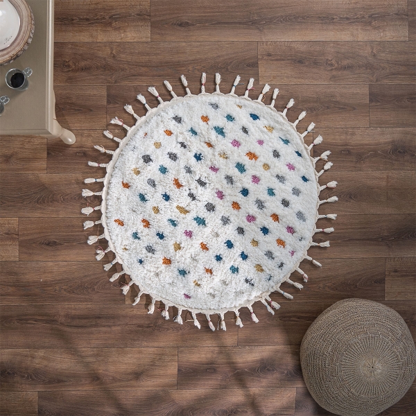 Barcelona Dotted 100 x 100 cm Round Zymta Winter Carpet - Orange / Cream / Blue / Grey