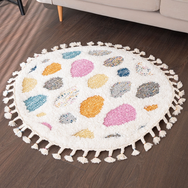 Barcelona Colorful Pebble Shag 100 x 100 cm Round Zymta Winter Carpet - Yellow / Orange / Blue / Anthracite