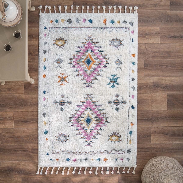 Barcelona Aztec Sunrise Shag 80 x 300 cm Zymta Winter Carpet - Pink / Cream / Blue / Orange