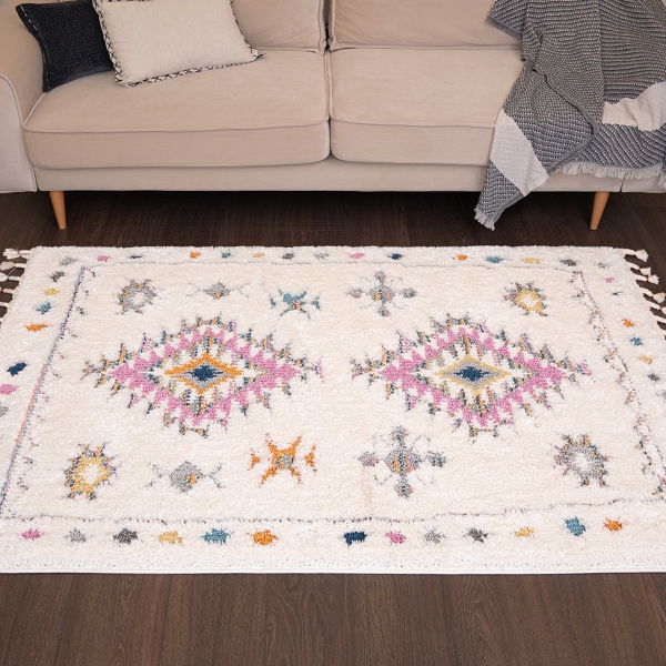 Barcelona Aztec Sunrise Shag 160 x 230 cm Zymta Winter Carpet - Pink / Cream / Blue / Orange