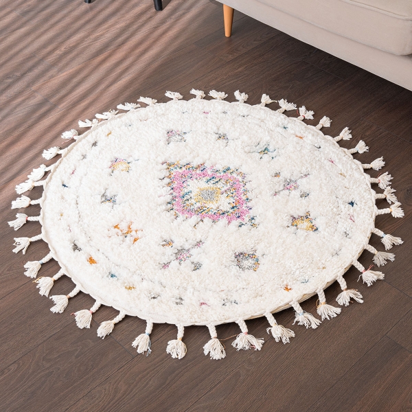 Barcelona Aztec Sunrise Shag 100 x 100 cm Round Zymta Winter Carpet - Pink / Cream / Blue / Orange