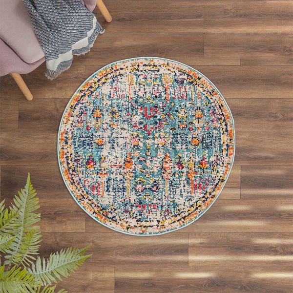 Art Barbola 100 x 100 cm Round Zymta Winter Carpet - Blue / Yellow / Orange / Fuchsia