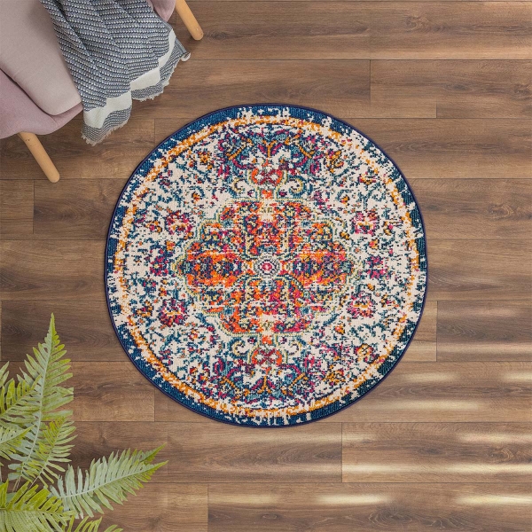 Art Fiona 100 x 100 cm Round Zymta Winter Carpet - Beige / Orange / Navy Blue / Mustard