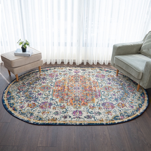 Art Fiona 160 x 230 cm Oval Zymta Winter Carpet - Beige / Orange / Navy Blue / Mustard